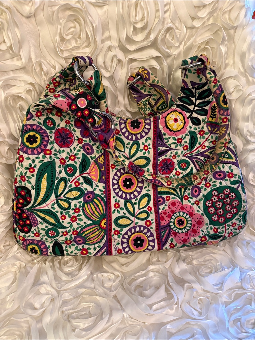 Vera Bradley Cream Quilted Shoulder Bag with Green, Purple & Pink Floral Print